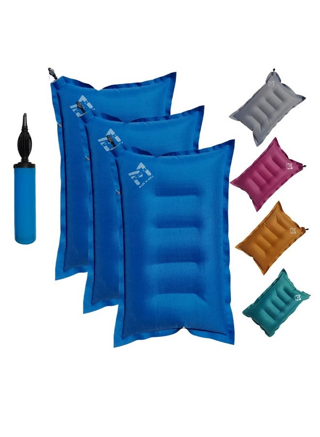 PM SQUARE Cotton Blend Inflatable Soft Portable Air Travel Pillow Pack of 3 With An Air Pump For Travelling In Train, Bus, Camping, Hostel And Office, Multicolor - Image 1