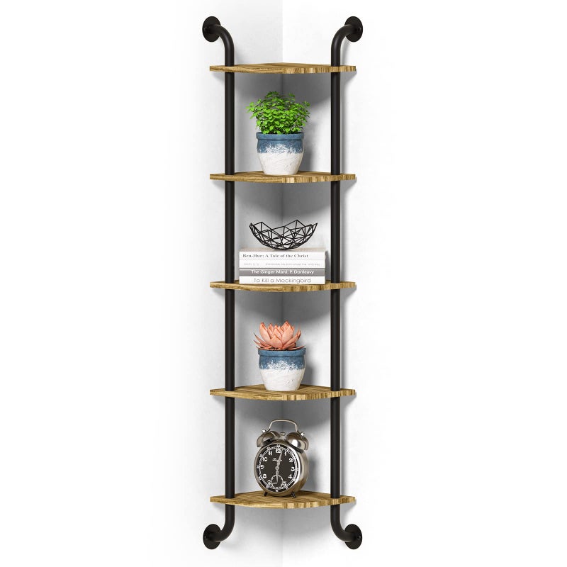 Tinpin Corner Shelf Wall Mount 5-Tier, Wall Decor for Home Living Room Bedroom, Wall Corner Shelves Bookshelf, Rustic Industrial Pipe Shelves Thanksgiving Day, Brown - Image 1