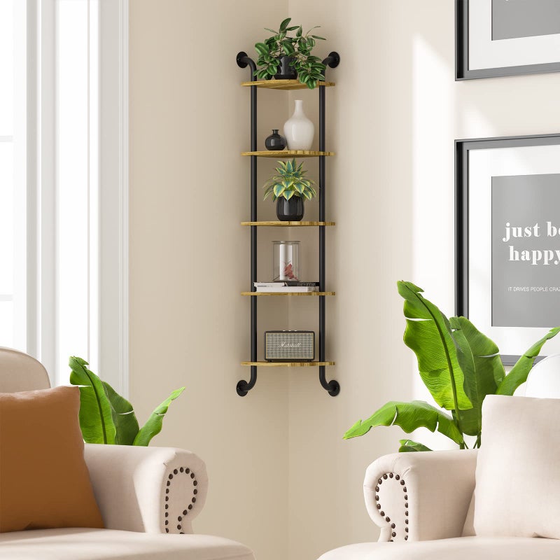 Tinpin Corner Shelf Wall Mount 5-Tier, Wall Decor for Home Living Room Bedroom, Wall Corner Shelves Bookshelf, Rustic Industrial Pipe Shelves Thanksgiving Day, Brown - Image 2