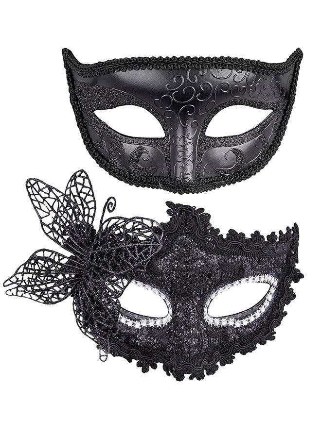 2 Pcs Couple Masquerade Mask Set Venetian Party Mask Mardi Gras Mask Costume Mask Fancy Dress Mask for Women Men (Black)  - Image 1