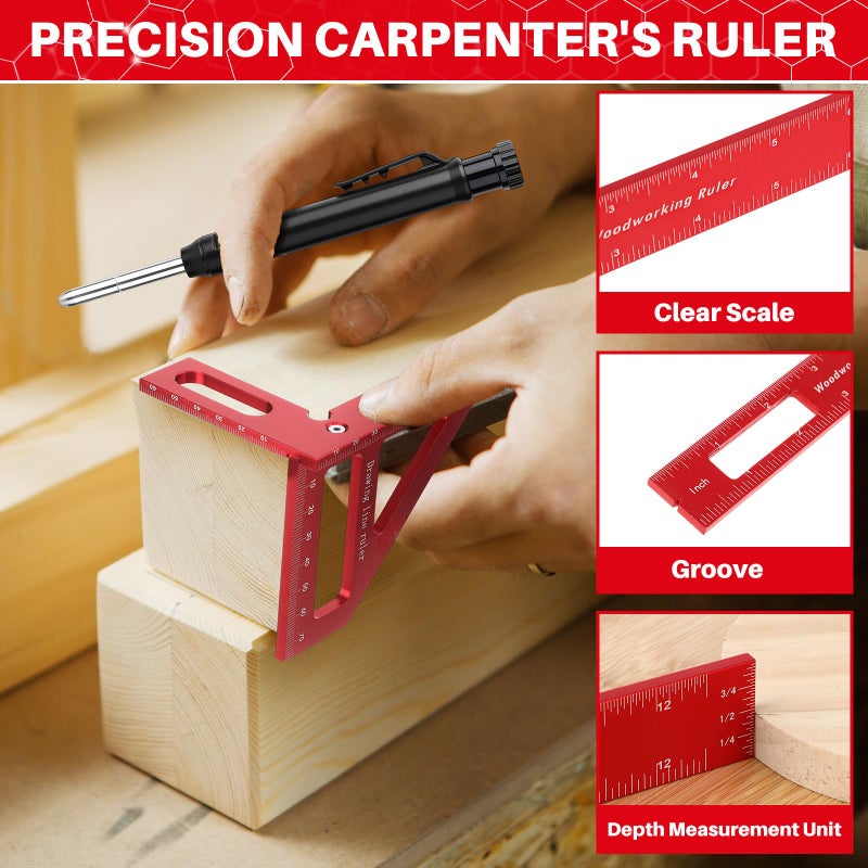 Relaxweex 32 Pack Woodworking Ruler Precision Metal Slide Rule 3D Multi-Angle Measuring Ruler Miter Triangle Rule and Mechanical Carpenter Pencils with Sharpener for Carpenters Craftsmen Builders - Image 3