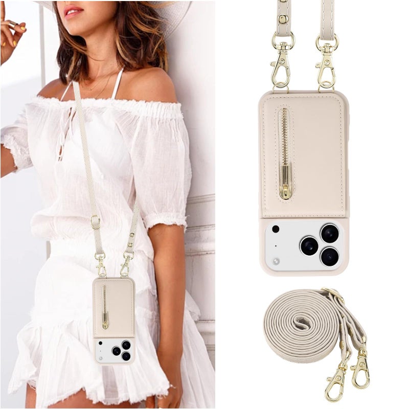 Jcxtrombulous Crossbody Wallet Case for iPhone 17 Pro Max with Lanyard Strap Card Slot Holder RFID Blocking Kickstand,Magnetic Flip Folio Zipper Purse Case, PU Leather Cover Handbag,Beige - Image 5
