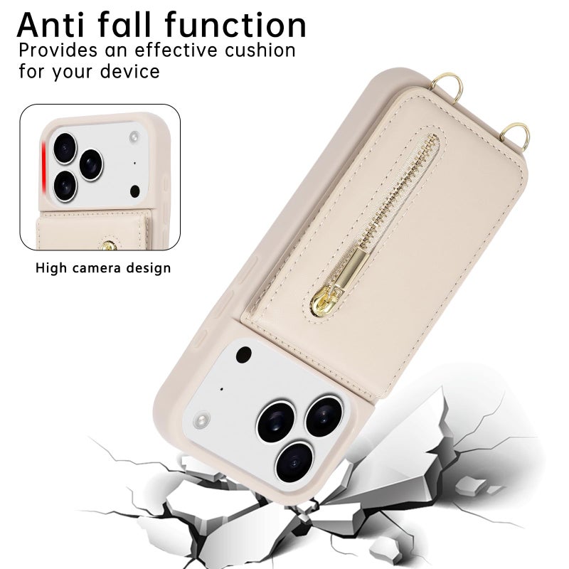 Jcxtrombulous Crossbody Wallet Case for iPhone 17 Pro Max with Lanyard Strap Card Slot Holder RFID Blocking Kickstand,Magnetic Flip Folio Zipper Purse Case, PU Leather Cover Handbag,Beige - Image 4