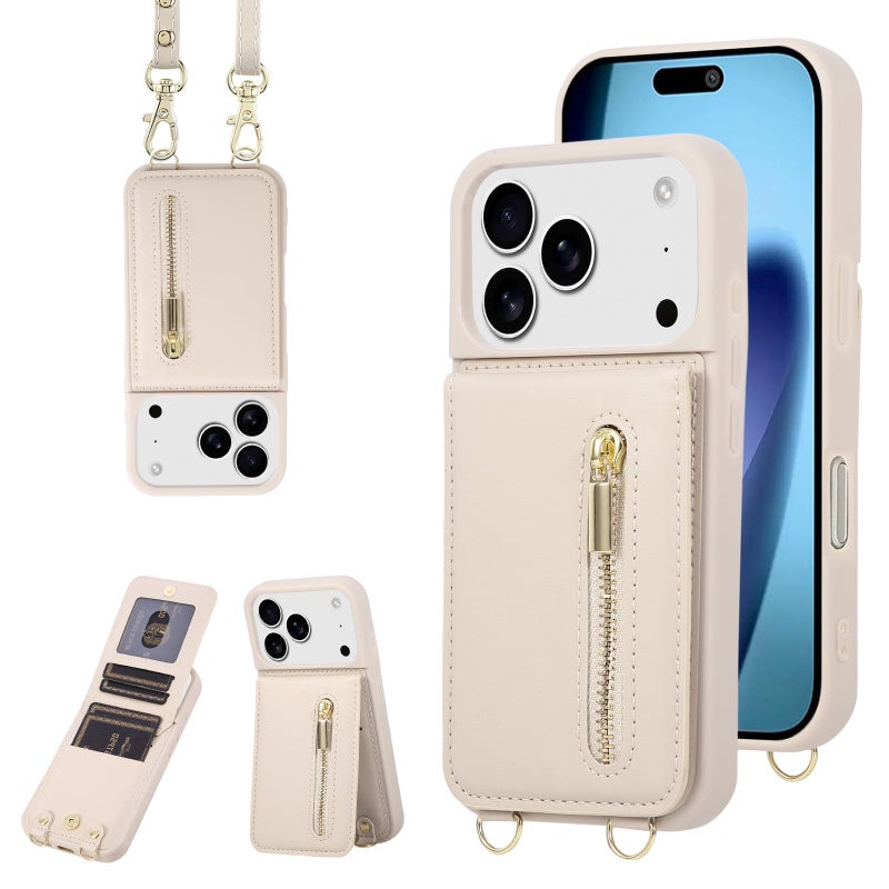 Jcxtrombulous Crossbody Wallet Case for iPhone 17 Pro Max with Lanyard Strap Card Slot Holder RFID Blocking Kickstand,Magnetic Flip Folio Zipper Purse Case, PU Leather Cover Handbag,Beige - Image 1