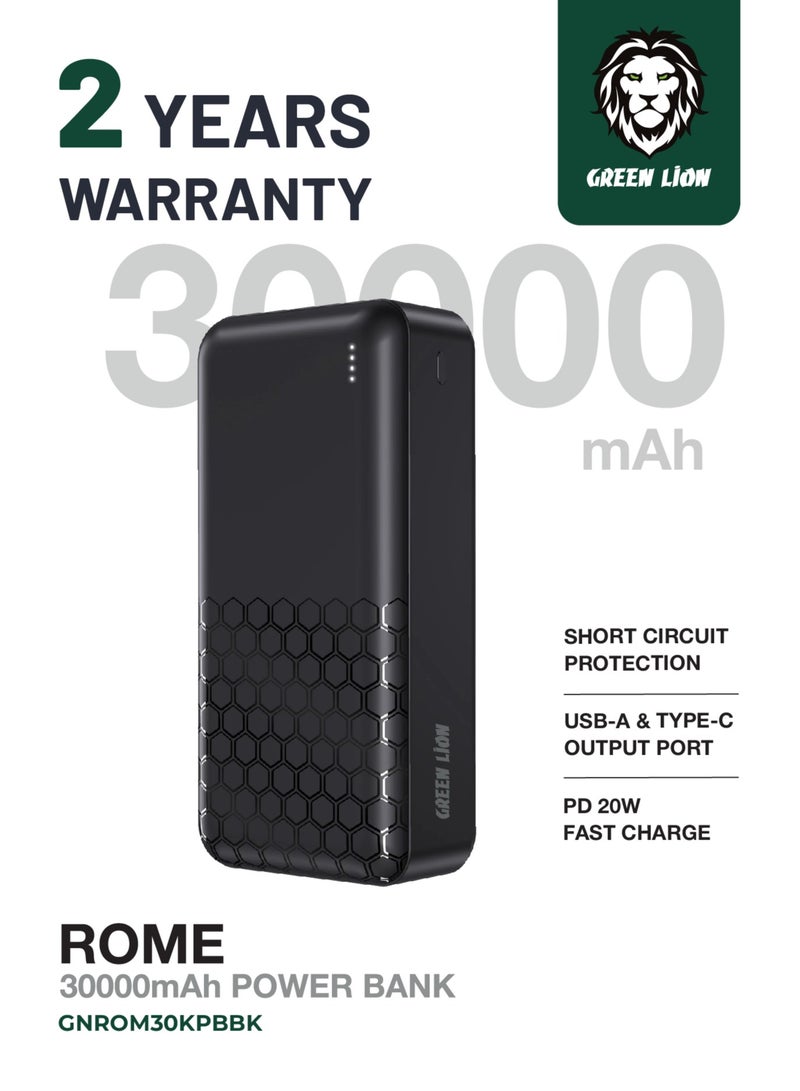 GREEN LION Rome 30000mAh Power Bank / 22.5W Fast Charging / Type-C / Micro Input / Short Circuit Protection / USB-A & Type-C Port / PD 20W / Multiple Devices Compatible - Black - Image 1