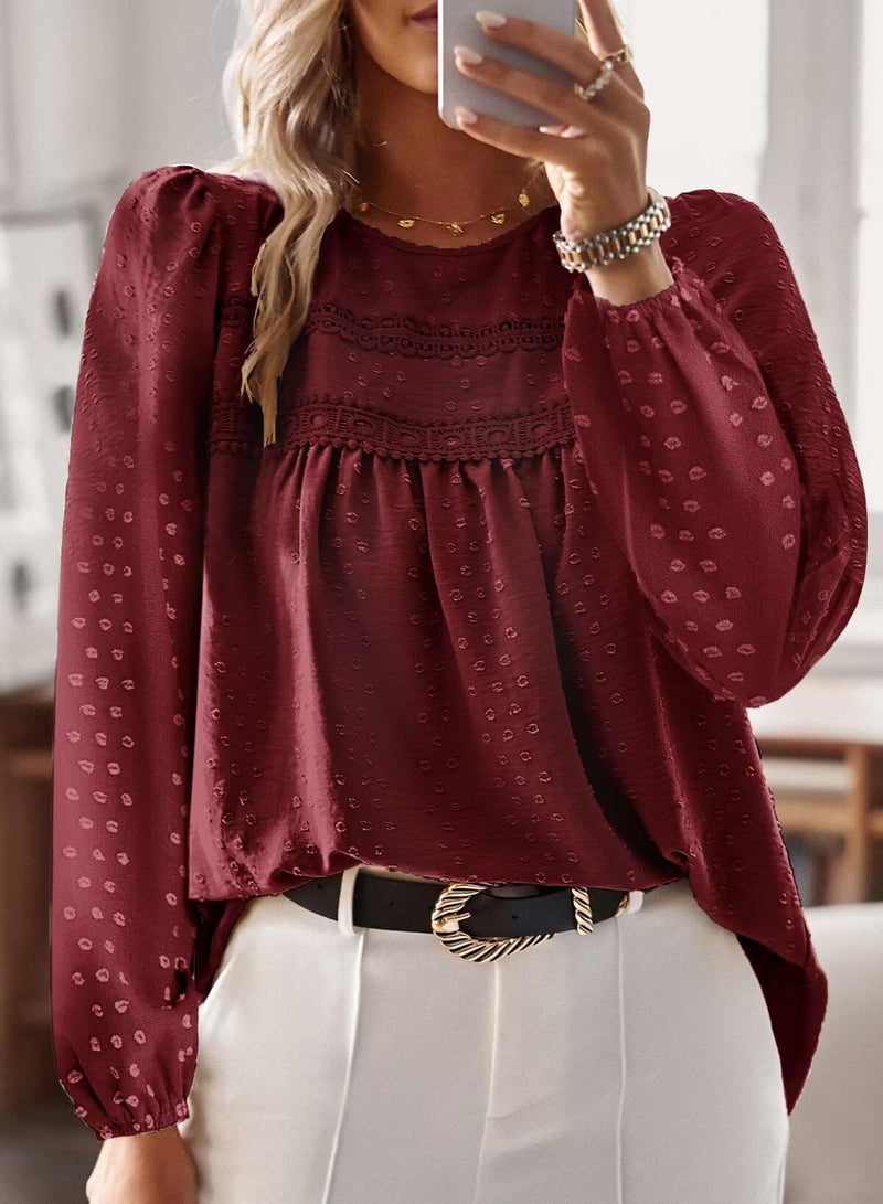Falechay Tops for Women Casual Winter Pom Pom Long Sleeve Chiffon Babydoll Lace Hem Polka Dot Blouse Bohemian Crewneck Burgundy 2XL - Image 4
