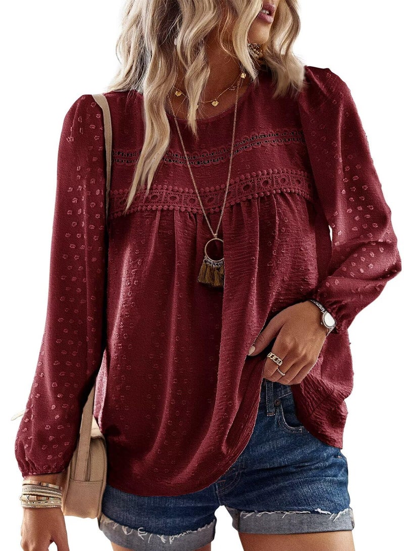 Falechay Tops for Women Casual Winter Pom Pom Long Sleeve Chiffon Babydoll Lace Hem Polka Dot Blouse Bohemian Crewneck Burgundy 2XL - Image 1