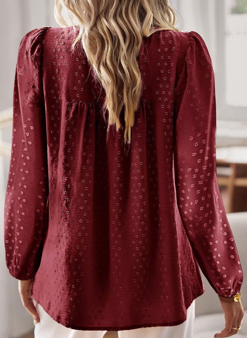 Falechay Tops for Women Casual Winter Pom Pom Long Sleeve Chiffon Babydoll Lace Hem Polka Dot Blouse Bohemian Crewneck Burgundy 2XL - Image 3