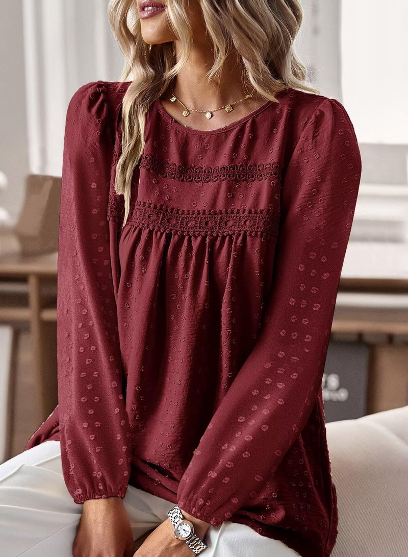 Falechay Tops for Women Casual Winter Pom Pom Long Sleeve Chiffon Babydoll Lace Hem Polka Dot Blouse Bohemian Crewneck Burgundy 2XL - Image 2