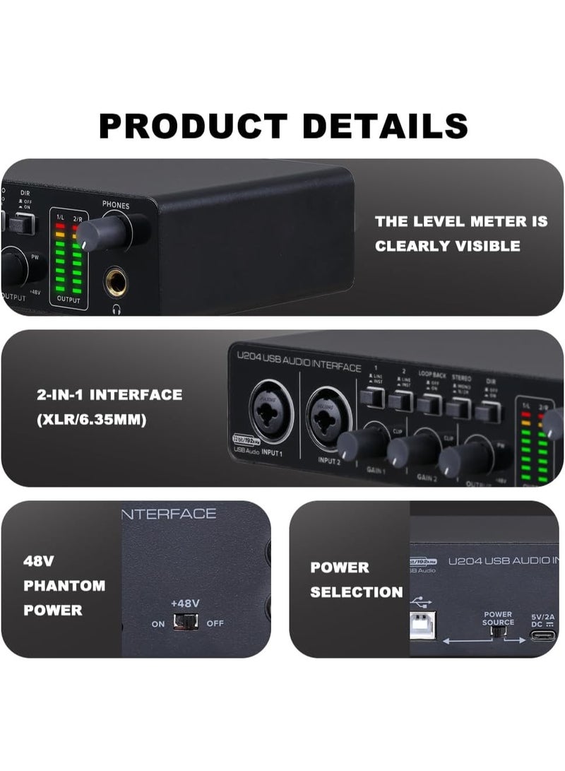 BOMGE U204 USB Audio Interface 32-Bit 192kHz 2x2 with Dual XLR Inputs and 48V Phantom Power - Image 4