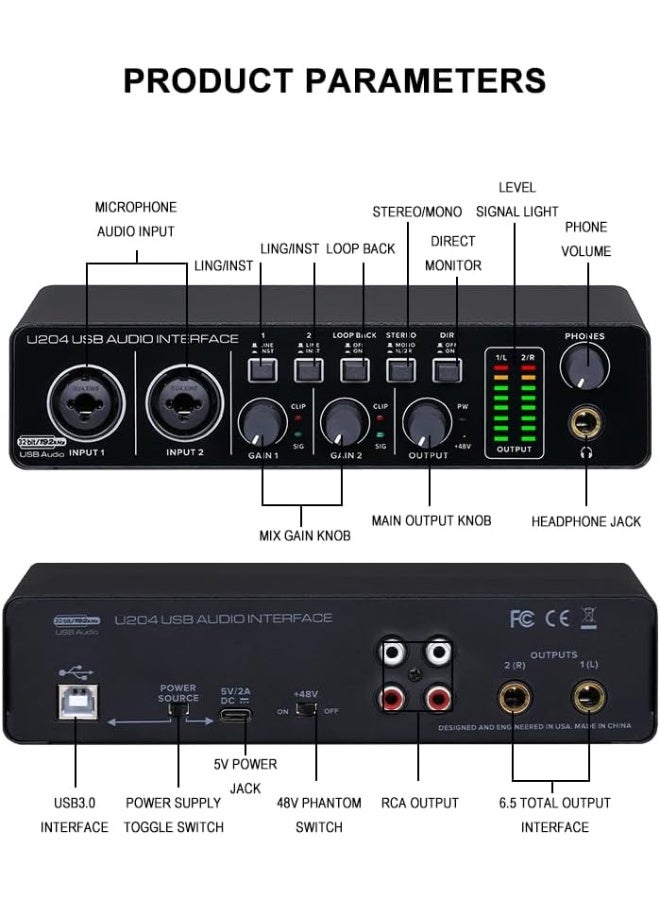 BOMGE U204 USB Audio Interface 32-Bit 192kHz 2x2 with Dual XLR Inputs and 48V Phantom Power - Image 3