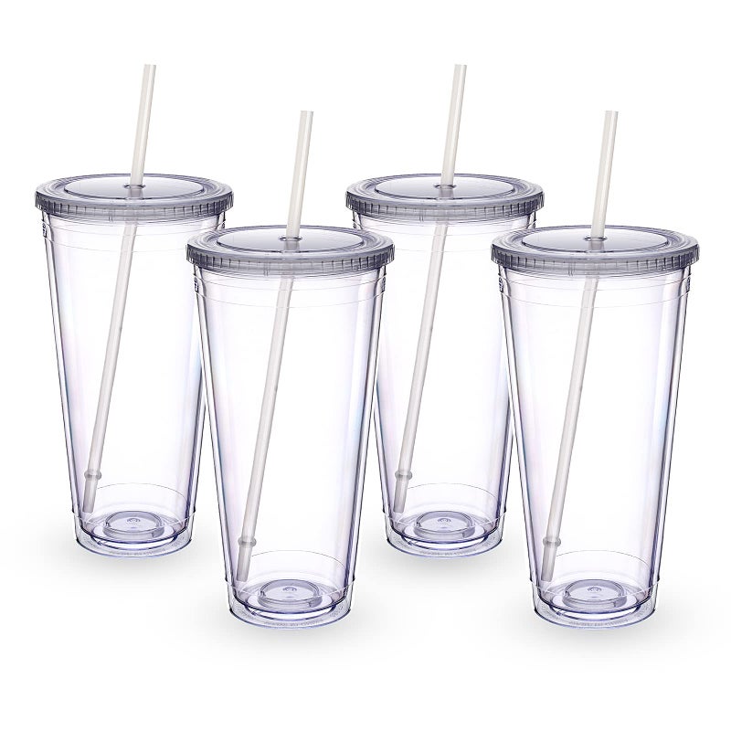Zukro Clear Acrylic Tumbler with Straw and Lid 32 oz Double Walled Insulated Reusable Plastic Iced Coffee Cup To Go Cup Perfect for Parties Birthdays Fit in Cupholder BPA Free Clear 4 Pack