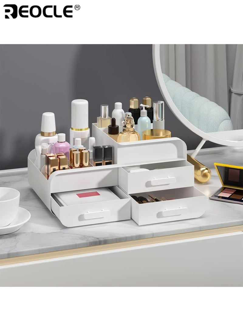 REOCLE Makeup Organiser Cosmetic Storage Box Plastic Cosmetics Holder with 3 Small Drawers Vanity Cosmetic Stand Containers for Beauty Skincare Jewellery Ideal for Dressing Table - Image 2