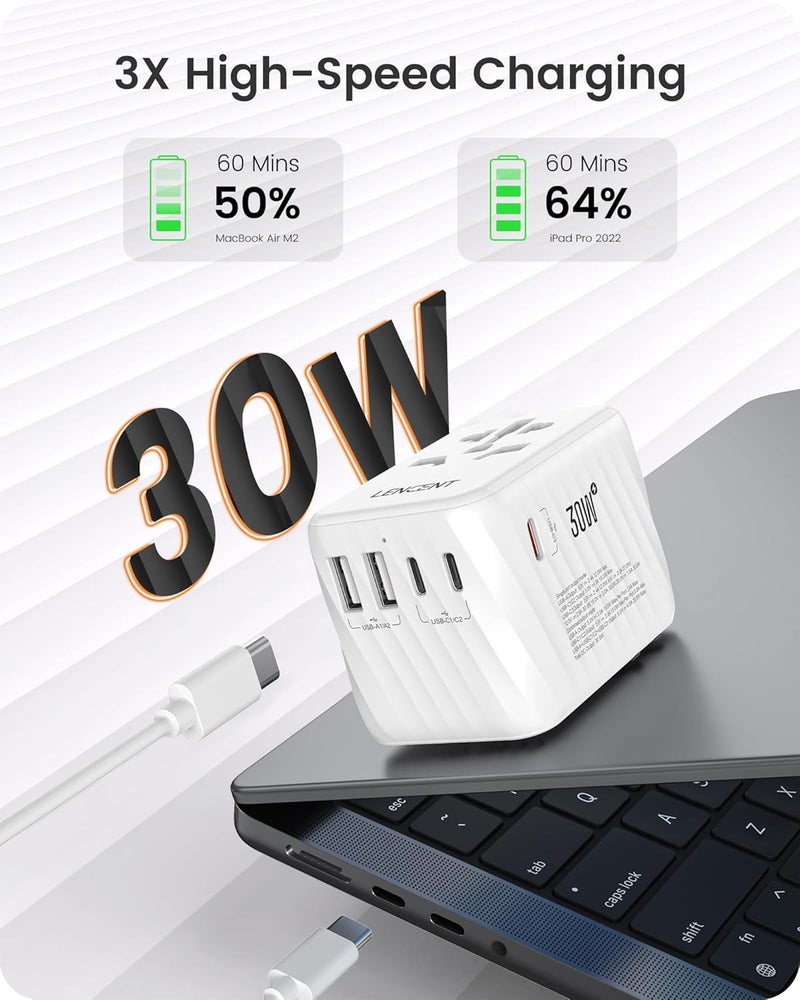 Lencent Universal Travel Power Adapter, 30W International Wall Charger with 3 USB C 2 USB A Fast Charging, Worldwide Plug Adaptor Travel Essentials for UK to EU US Ireland Australia Type C/G/A/I White - Image 2