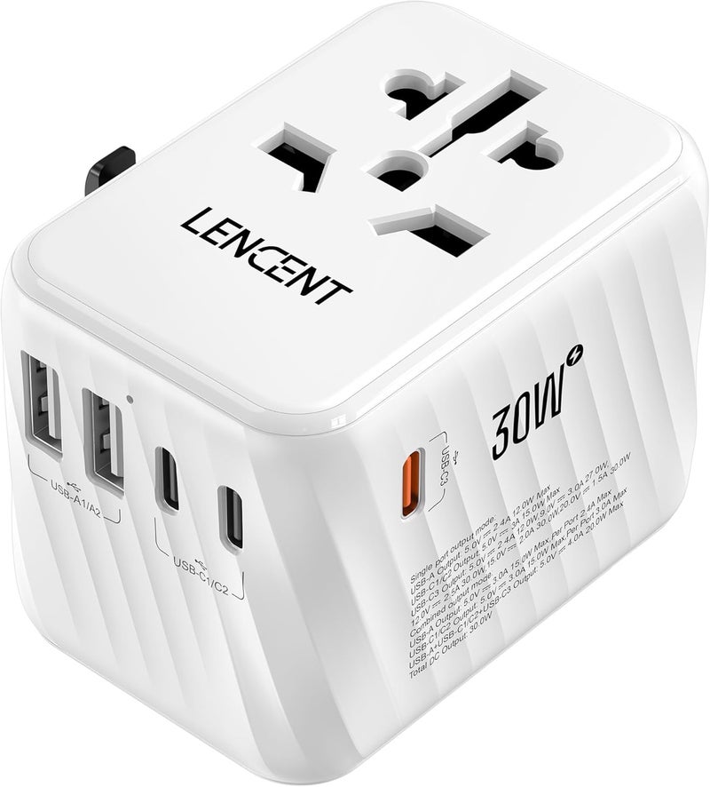 Lencent Universal Travel Power Adapter, 30W International Wall Charger with 3 USB C 2 USB A Fast Charging, Worldwide Plug Adaptor Travel Essentials for UK to EU US Ireland Australia Type C/G/A/I White - Image 1