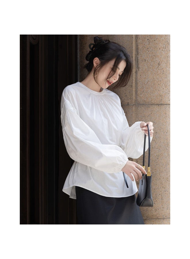 dme Demana Natural Cotton Autumn French Style Simple Stand Collar Loose Pee Elegant Shirt Women's Top - Image 4