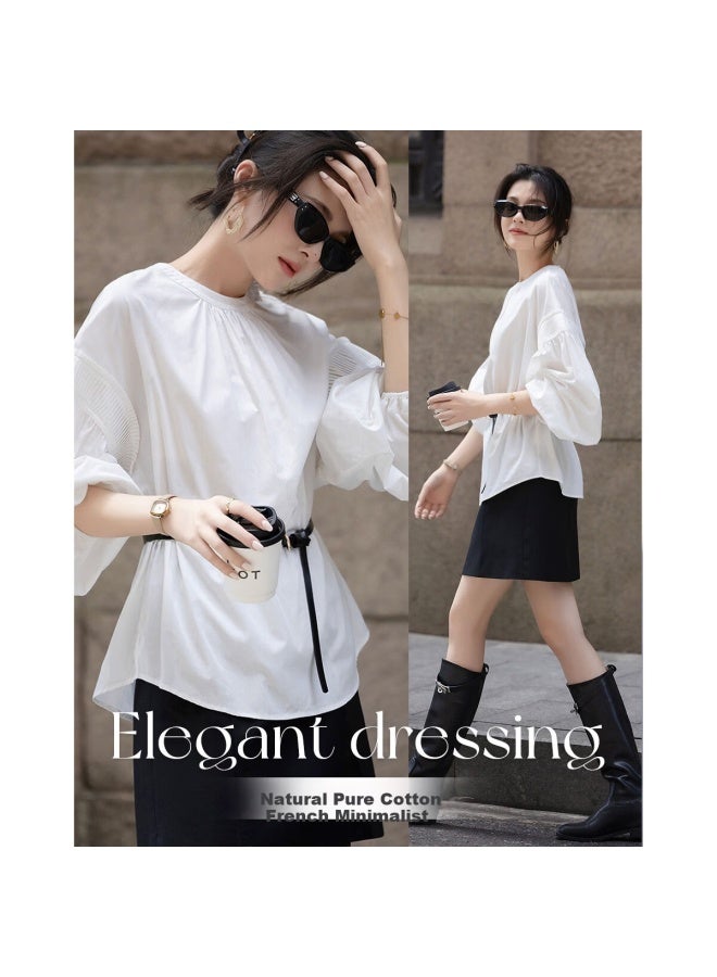 dme Demana Natural Cotton Autumn French Style Simple Stand Collar Loose Pee Elegant Shirt Women's Top - Image 1
