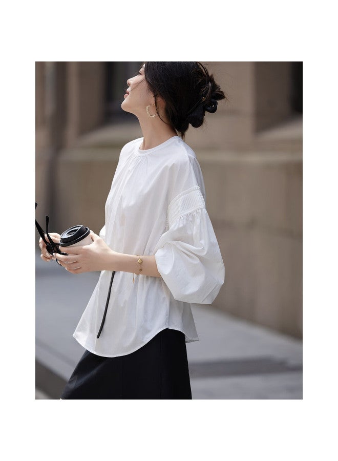 dme Demana Natural Cotton Autumn French Style Simple Stand Collar Loose Pee Elegant Shirt Women's Top - Image 2