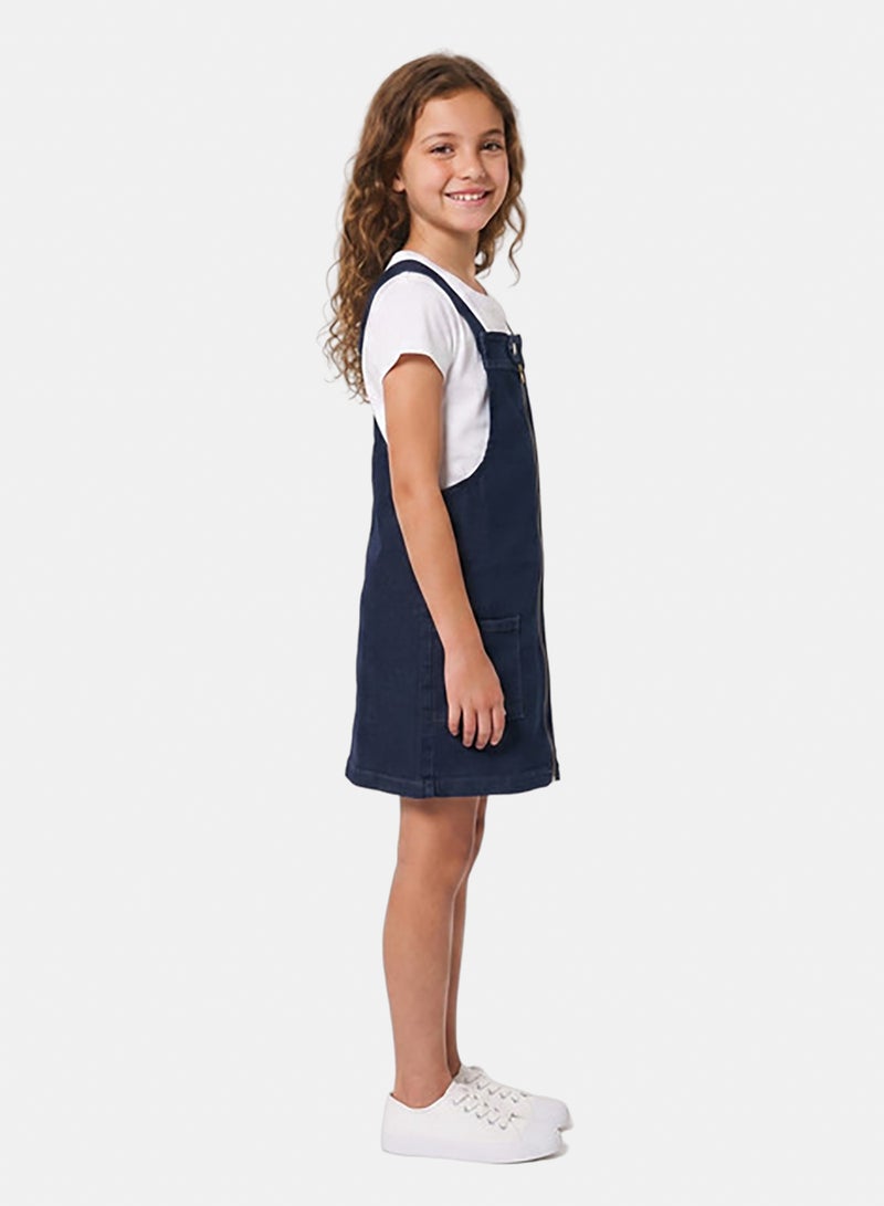 Andora Sleeveless Square Neckline Zipped Girls Denim Dress - Dark Blue - Image 2