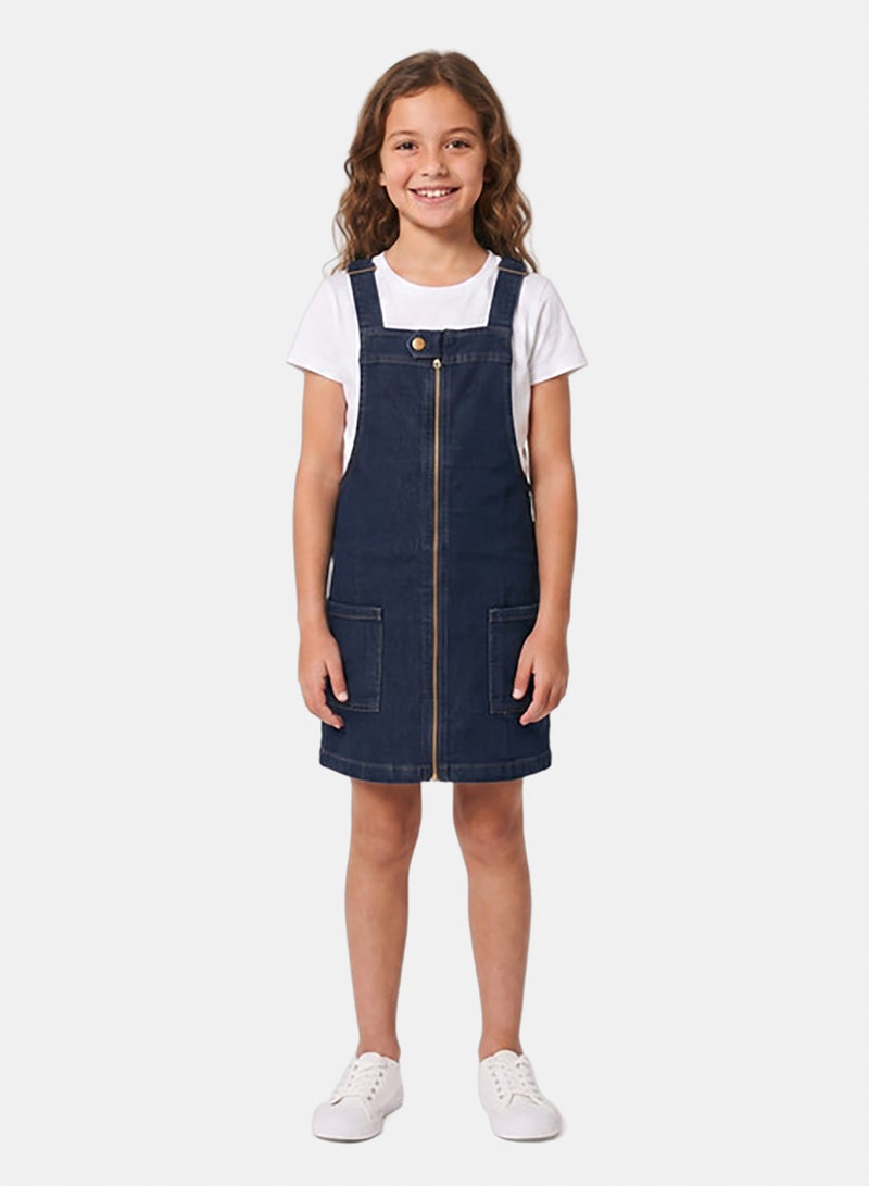 Andora Sleeveless Square Neckline Zipped Girls Denim Dress - Dark Blue - Image 1