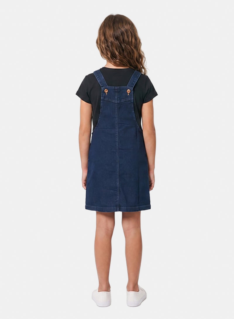 Andora Sleeveless Square Neckline Zipped Girls Denim Dress - Dark Blue - Image 4