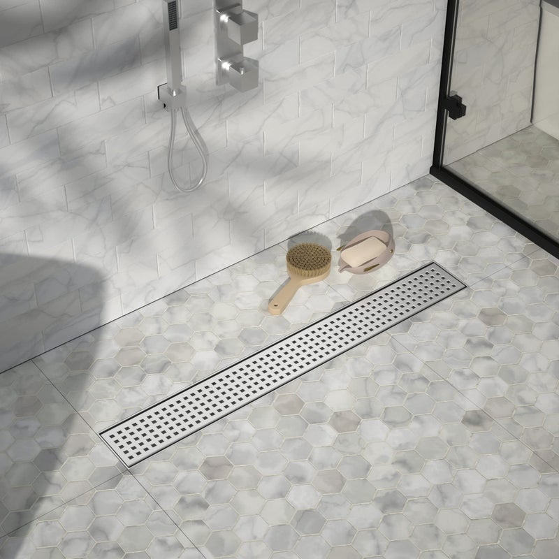 Bernkot Linear Shower Drain 26 304 Stainless Steel Floor Drain with Grid Drain Cover Hair Strainer Rectangular Shower Drain wCUPC Certified Brushed