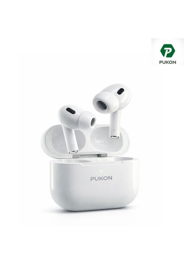 PUKON PK-12 TWS Bluetooth 5.4 Earbuds with Touch Control, HD Call, Binaural Mode, Fast Charging Case – 1 Year Replacement Warranty – White - Image 1