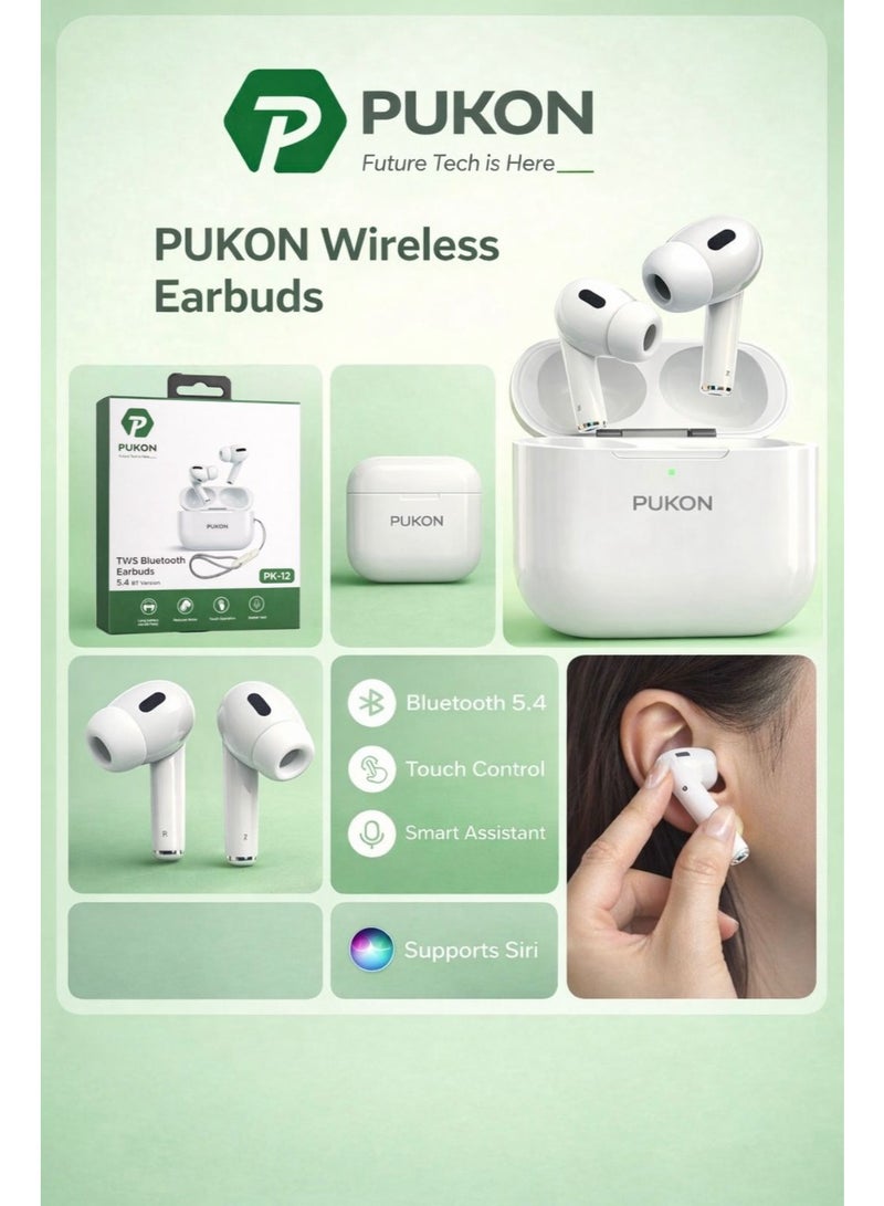PUKON PK-12 TWS Bluetooth 5.4 Earbuds with Touch Control, HD Call, Binaural Mode, Fast Charging Case – 1 Year Replacement Warranty – White - Image 2