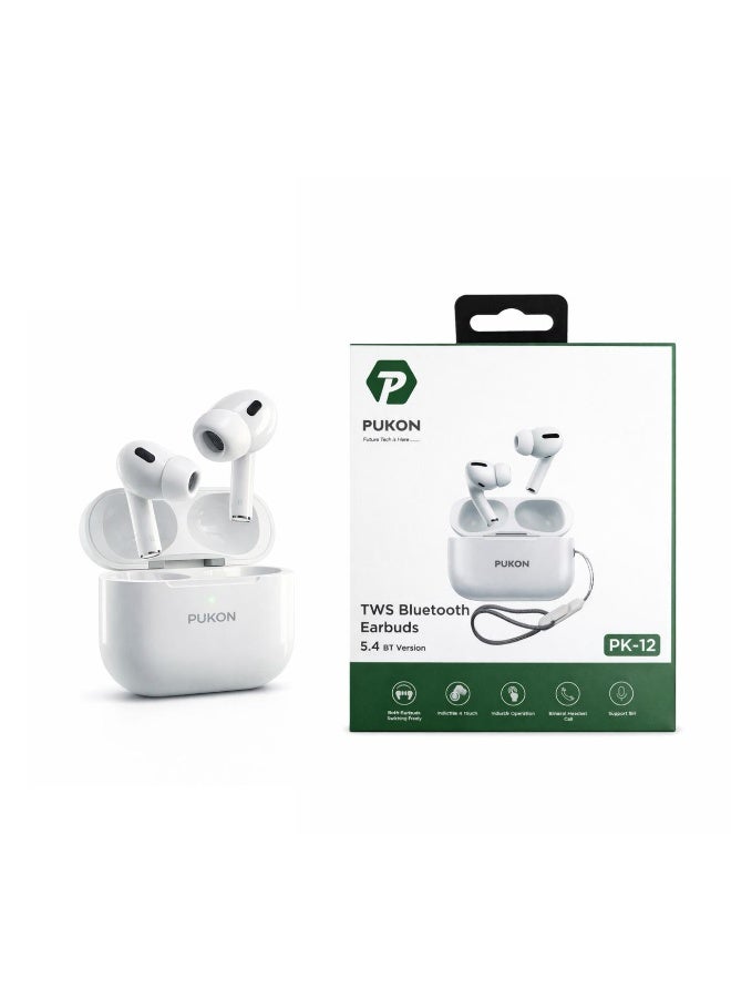 PUKON PK-12 TWS Bluetooth 5.4 Earbuds with Touch Control, HD Call, Binaural Mode, Fast Charging Case – 1 Year Replacement Warranty – White - Image 3