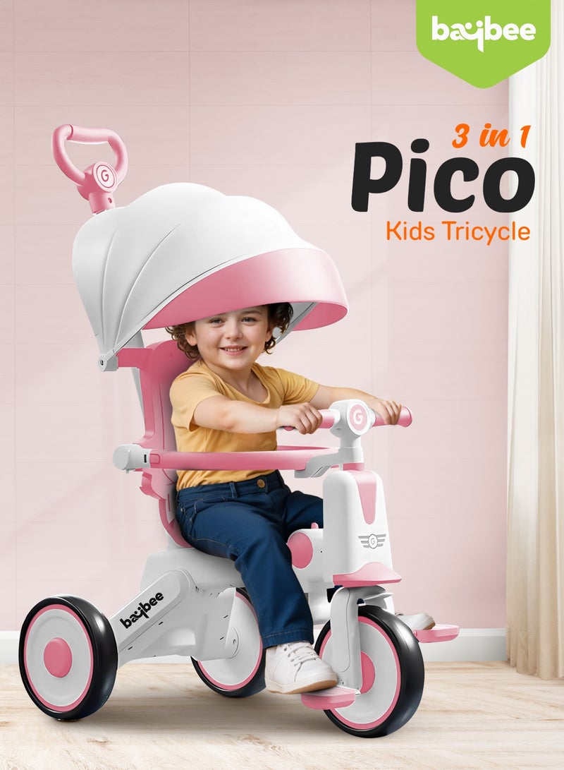 BAYBEE Pico 3 in 1 Convertible Baby Tricycle for Kids with Parental Push Handle and Canopy | Baby Cycle with Safety Guard, Light & Music | Kids Tricycle for Toddlers | Kids Cycle for Baby 1 to 5 Years Boy Girl Pink - Image 2