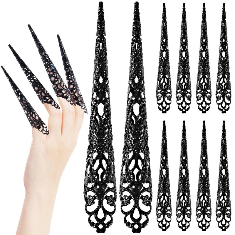 ANCIRS 10 Pack Finger Nail Tip Claw Rings, Ancient Queen Costume Fingertip Claw Nail Rings Decoration Accessory, Finger Knuckle Protectors for Halloween Cosplay Drama Dance Show- Black - Image 1