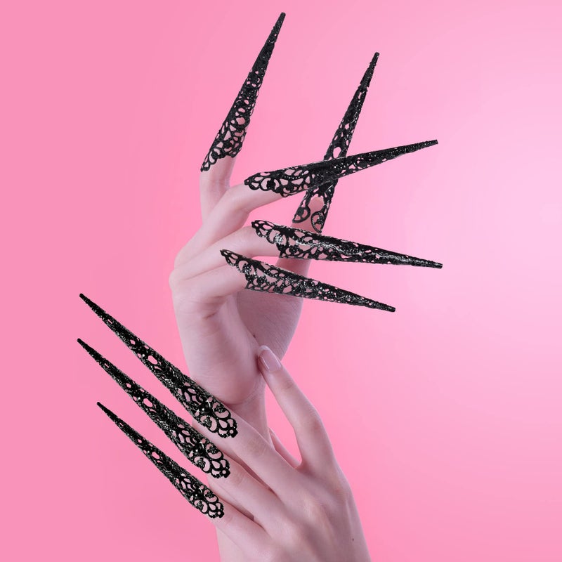 ANCIRS 10 Pack Finger Nail Tip Claw Rings, Ancient Queen Costume Fingertip Claw Nail Rings Decoration Accessory, Finger Knuckle Protectors for Halloween Cosplay Drama Dance Show- Black - Image 4