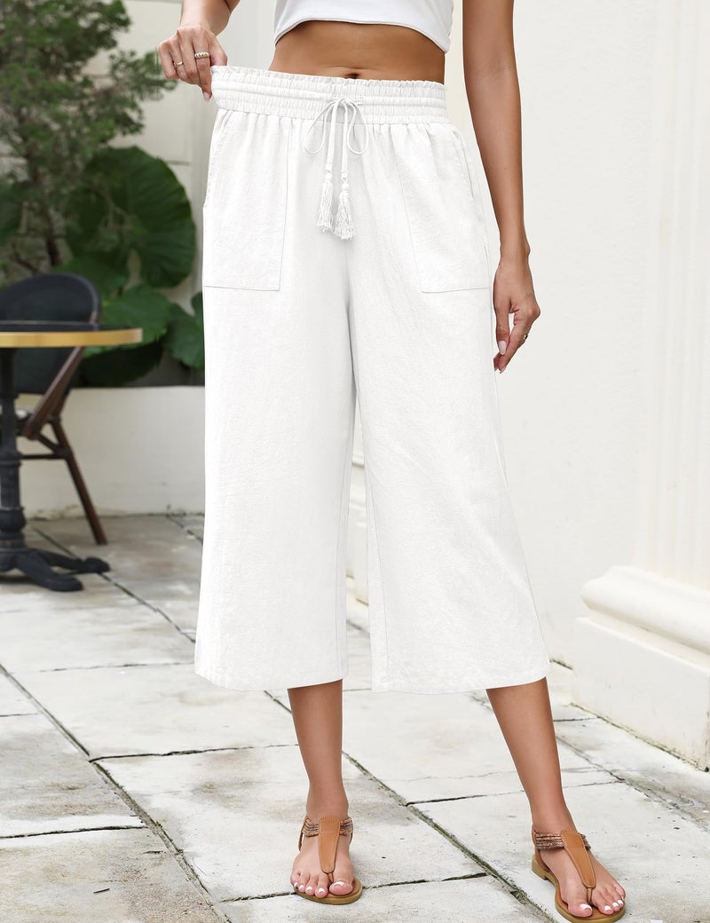 LOMON Capri Linen Pants for Women Yoga Workout Wide Leg Loose Flowy High Waisted Summer Lounge Cropped Pants Baggy Elastic Waist Drawstring Casual Palazzo Trousers with Pockets White Medium - Image 4