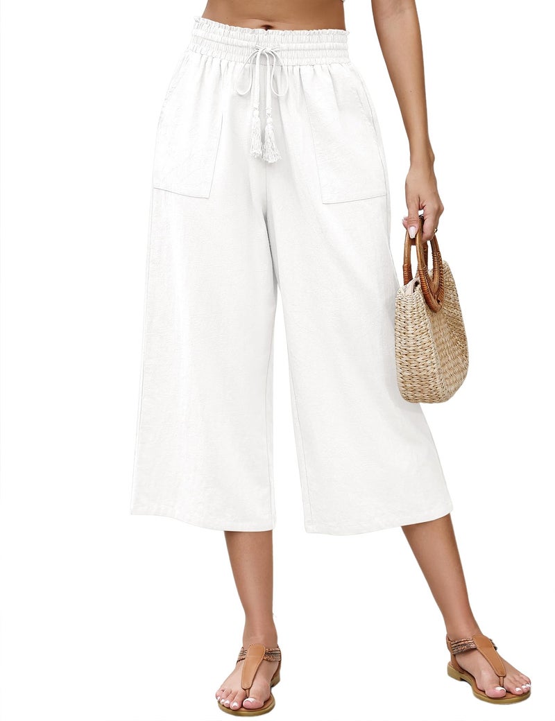 LOMON Capri Linen Pants for Women Yoga Workout Wide Leg Loose Flowy High Waisted Summer Lounge Cropped Pants Baggy Elastic Waist Drawstring Casual Palazzo Trousers with Pockets White Medium - Image 1