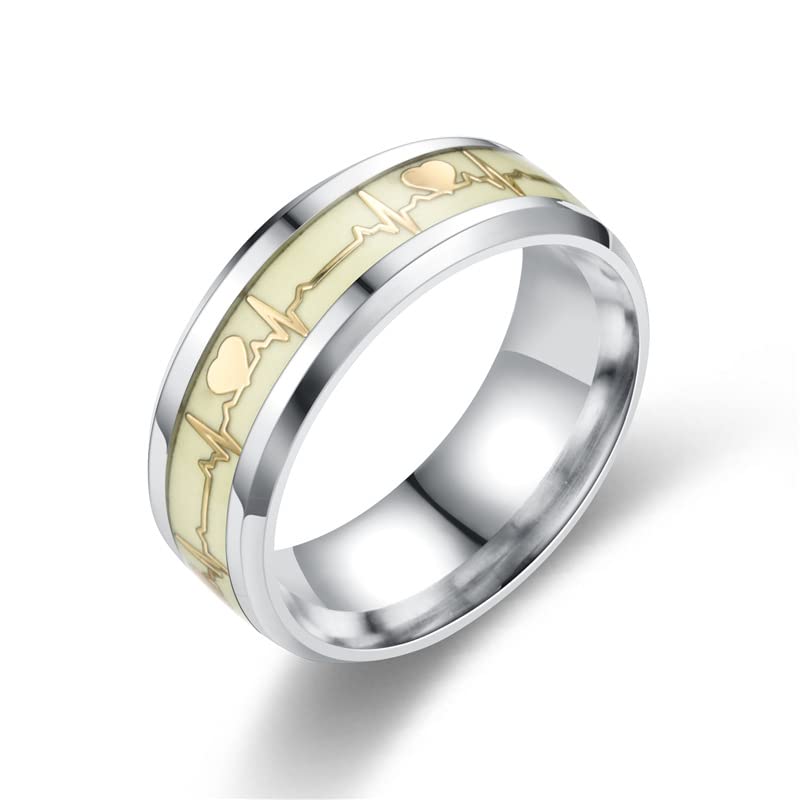 FORUBUS Luminous Ring, Heartbeat Pattern Rings Glow in the Dark, Creative Rings for Couple Valentine's Day Party Night Memorial Jewelry-gold9 - Image 2