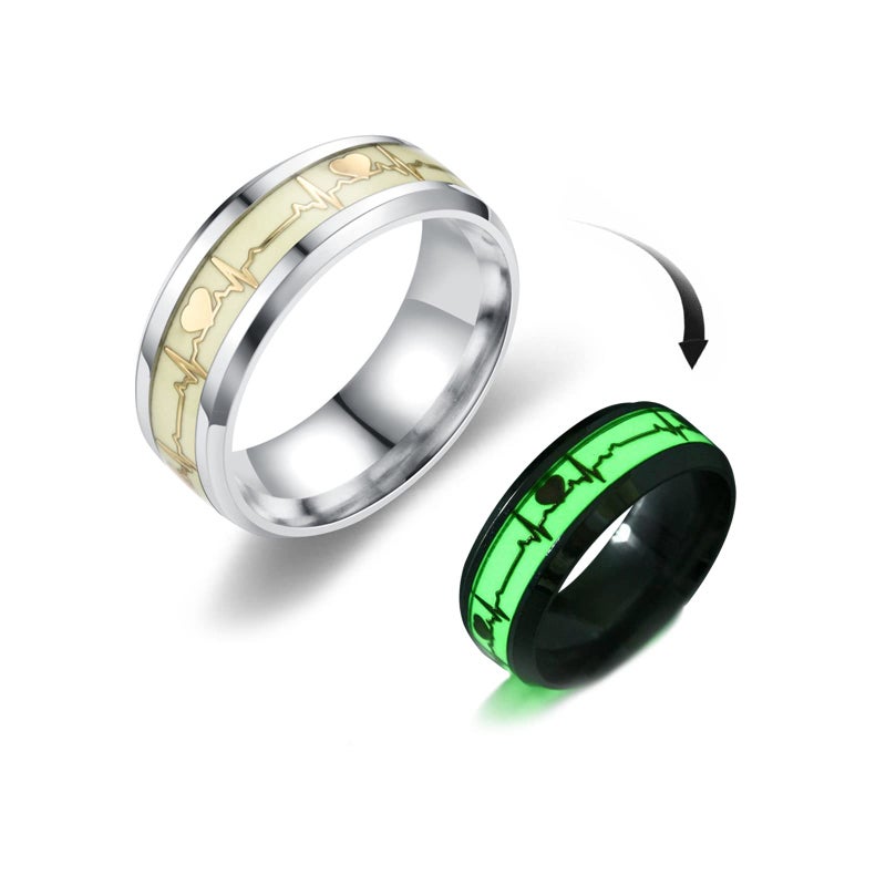 FORUBUS Luminous Ring, Heartbeat Pattern Rings Glow in the Dark, Creative Rings for Couple Valentine's Day Party Night Memorial Jewelry-gold9 - Image 1