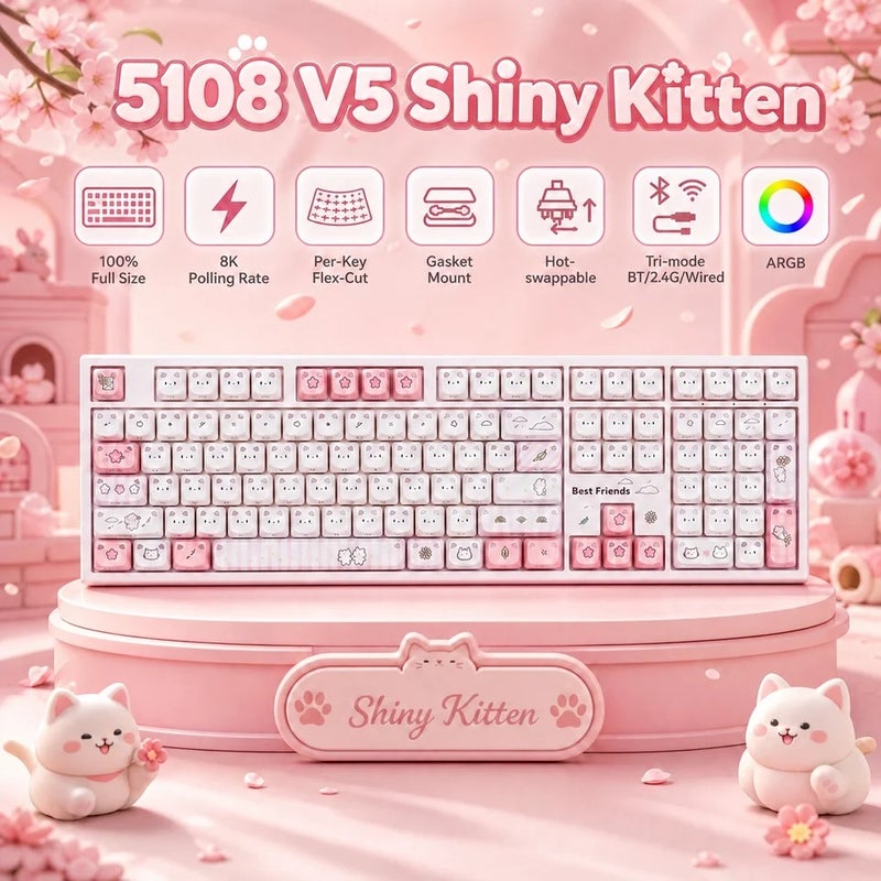 Akko 5108 V5 Shiny Kitten Mechanical Keyboard, MAO Profile, 108 Keys Full Size, Flex-Cut, Hot-Swap, 8K Rgb, Tri-Mode - Image 2
