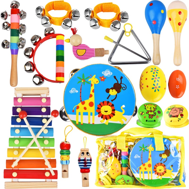 Inlaier Kids Musical Instruments Set  20 Pcs Wooden Shakers Percussion Instruments Tambourine Xylophone Toys  Child Early Learning Musical Toys For Boys And Girls Gifts Present With Carrying Bag - Image 1