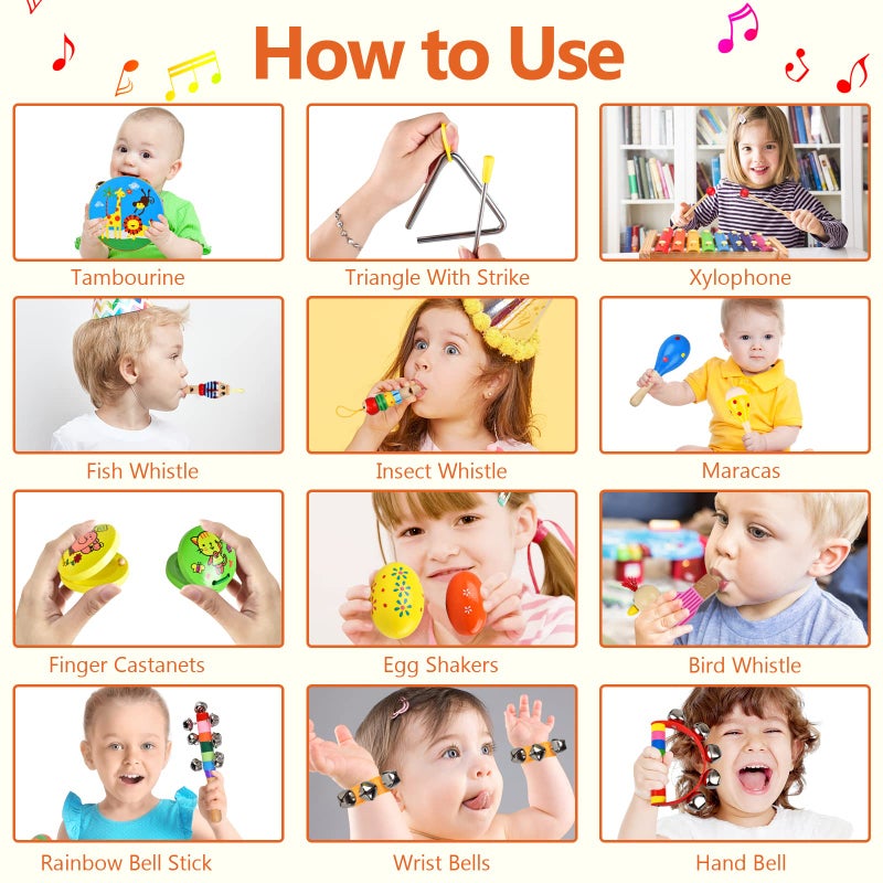 Inlaier Kids Musical Instruments Set  20 Pcs Wooden Shakers Percussion Instruments Tambourine Xylophone Toys  Child Early Learning Musical Toys For Boys And Girls Gifts Present With Carrying Bag - Image 3