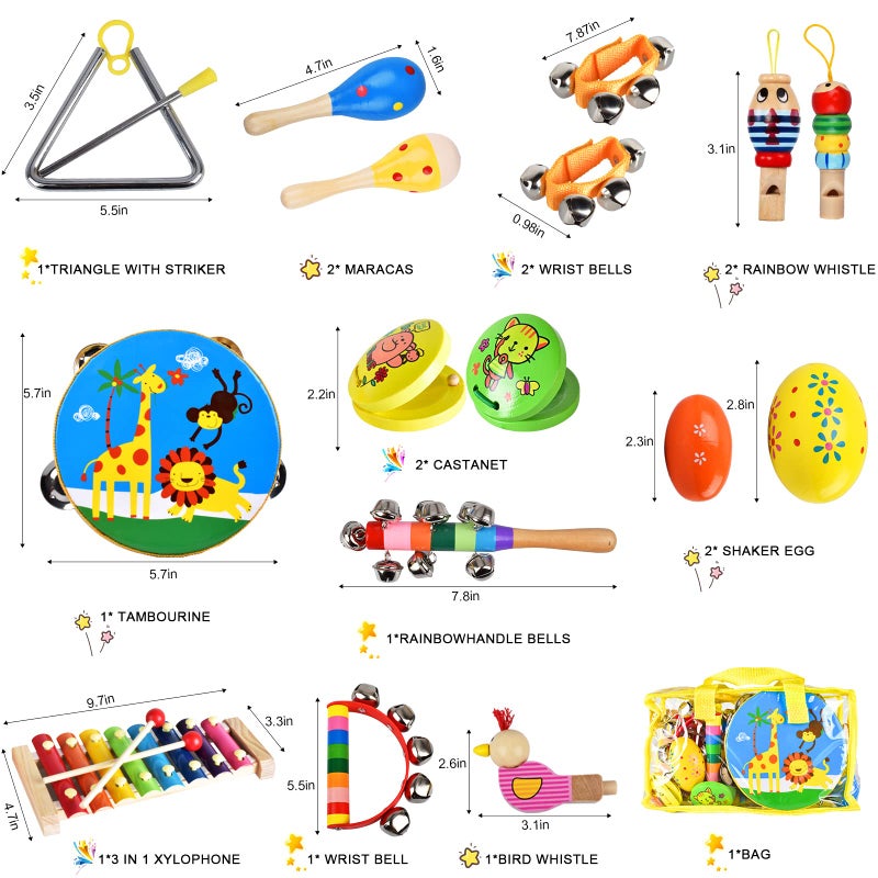 Inlaier Kids Musical Instruments Set  20 Pcs Wooden Shakers Percussion Instruments Tambourine Xylophone Toys  Child Early Learning Musical Toys For Boys And Girls Gifts Present With Carrying Bag - Image 4