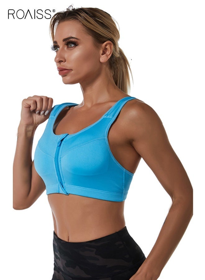 roaiss Women's Sports Lingerie, Double-Strap Wire-Free Padded Zipper Lingerie, Shock-Absorbing for Running, Yoga, and Fitness, Seamless Lingerie with Beautiful Back Design, Blue - Image 2