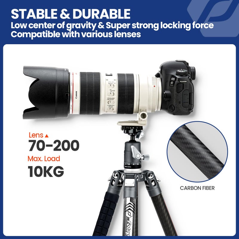 Fotopro Carbon Fiber Tripod for Camera 2lbs Ultralight 62 Inch Travel Camera Tripod Max Loads Up 22lbs X-Aircross 3 Grey - Image 5