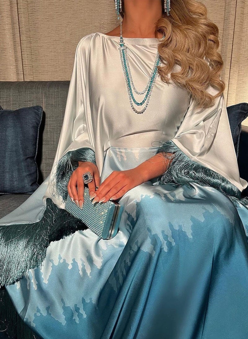 جيوان الملابسالساتان تدرج اللون الإسلامي المسلمالإناث Abaya فستان رمضان عيد الفطر الصيف الخفافيش الأكمام فستان طويل كفتان رداء رمضان - Image 1