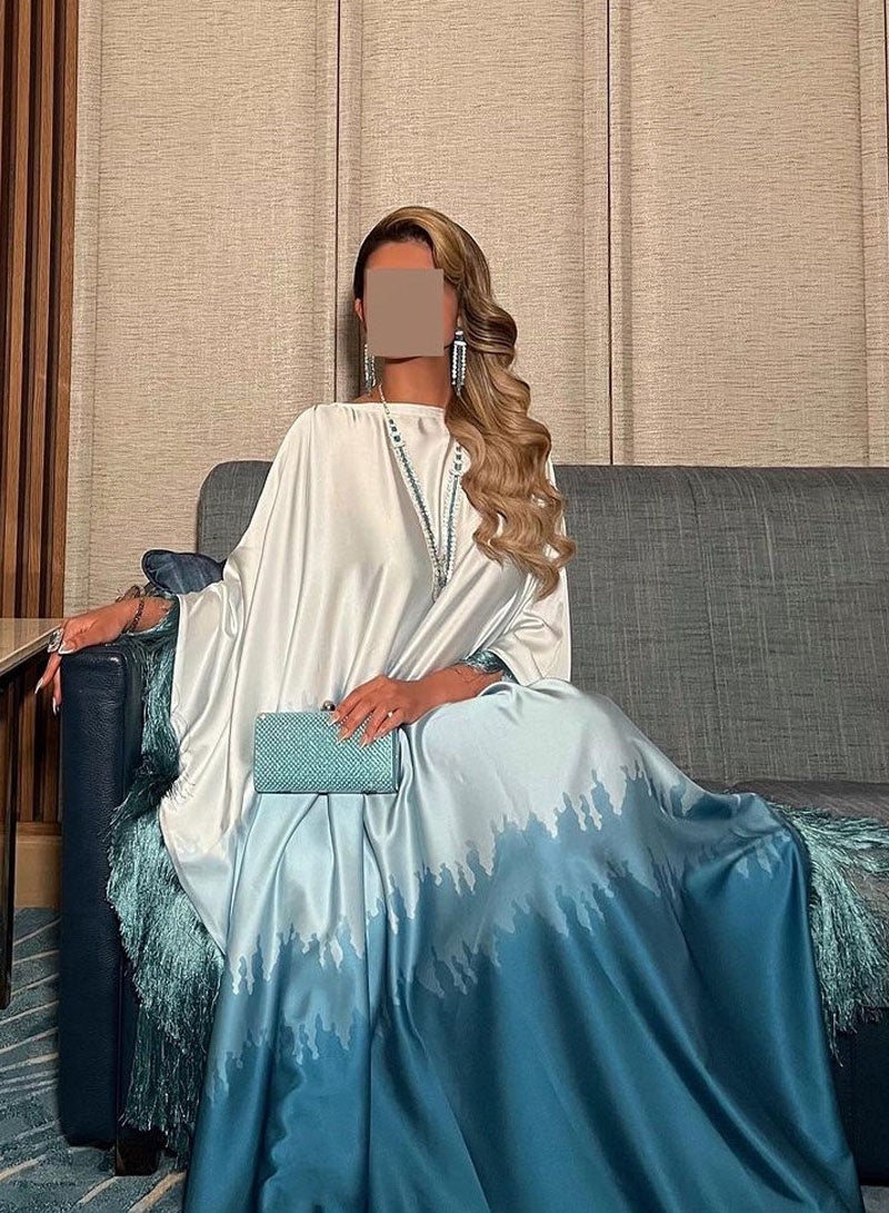 جيوان الملابسالساتان تدرج اللون الإسلامي المسلمالإناث Abaya فستان رمضان عيد الفطر الصيف الخفافيش الأكمام فستان طويل كفتان رداء رمضان - Image 2