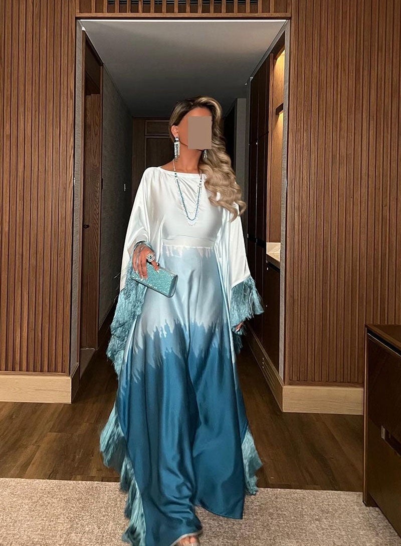 جيوان الملابسالساتان تدرج اللون الإسلامي المسلمالإناث Abaya فستان رمضان عيد الفطر الصيف الخفافيش الأكمام فستان طويل كفتان رداء رمضان - Image 4