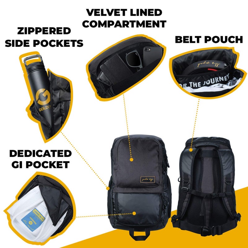 Gold BJJ حقيبة ظهر جيو جيتسو ذهبية - حقيبة جيم قوية مع جيب مقاوم للماء (أسود) - Image 3