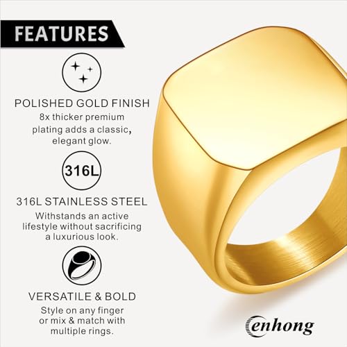 ENHONG Mens Rings Stainless Steel Square Signet Rings for Men,18K Gold Plated Pinky Thumb Ring for Dad Father Jewelry Gift for Him,Men's Ring for Biker Size 8 - Image 3