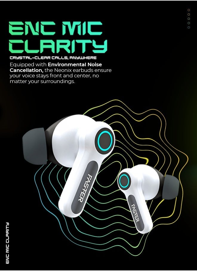 Faster NEONIX FBT 460 Wireless Earbuds, Bluetooth 5.3, ENC/ANC Noise Canceling, Dual Mic, 13mm Bass Driver, 6H Playback, Game Mode, IPX4, Type-C Fast Charging, Auto Pair, Android/iOS, 500mAh Case (Drift White)  - Image 2