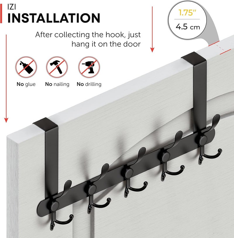 Excefore Door Hooks, Over Door Hanger with 5 Triple Hooks, 40CM Stainless Steel Coat Hanger for Bathroom, Bedroom, Closet, Bags, Keys, Black - Image 5