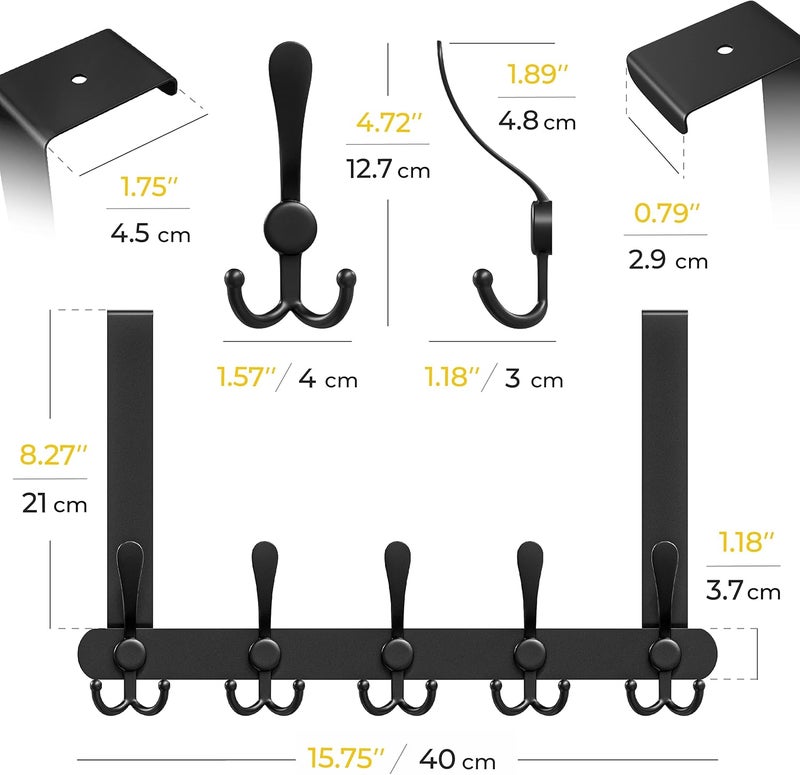 Excefore Door Hooks, Over Door Hanger with 5 Triple Hooks, 40CM Stainless Steel Coat Hanger for Bathroom, Bedroom, Closet, Bags, Keys, Black - Image 4